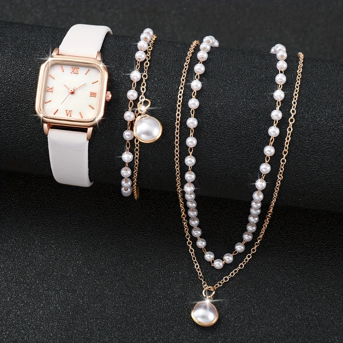 3 teile/satz Frauen lässig quadratischen Zeiger Quarzuhr analog pu Leder Armbanduhr & Kunst perlen Schmuck Set, Geschenk für Mama sie