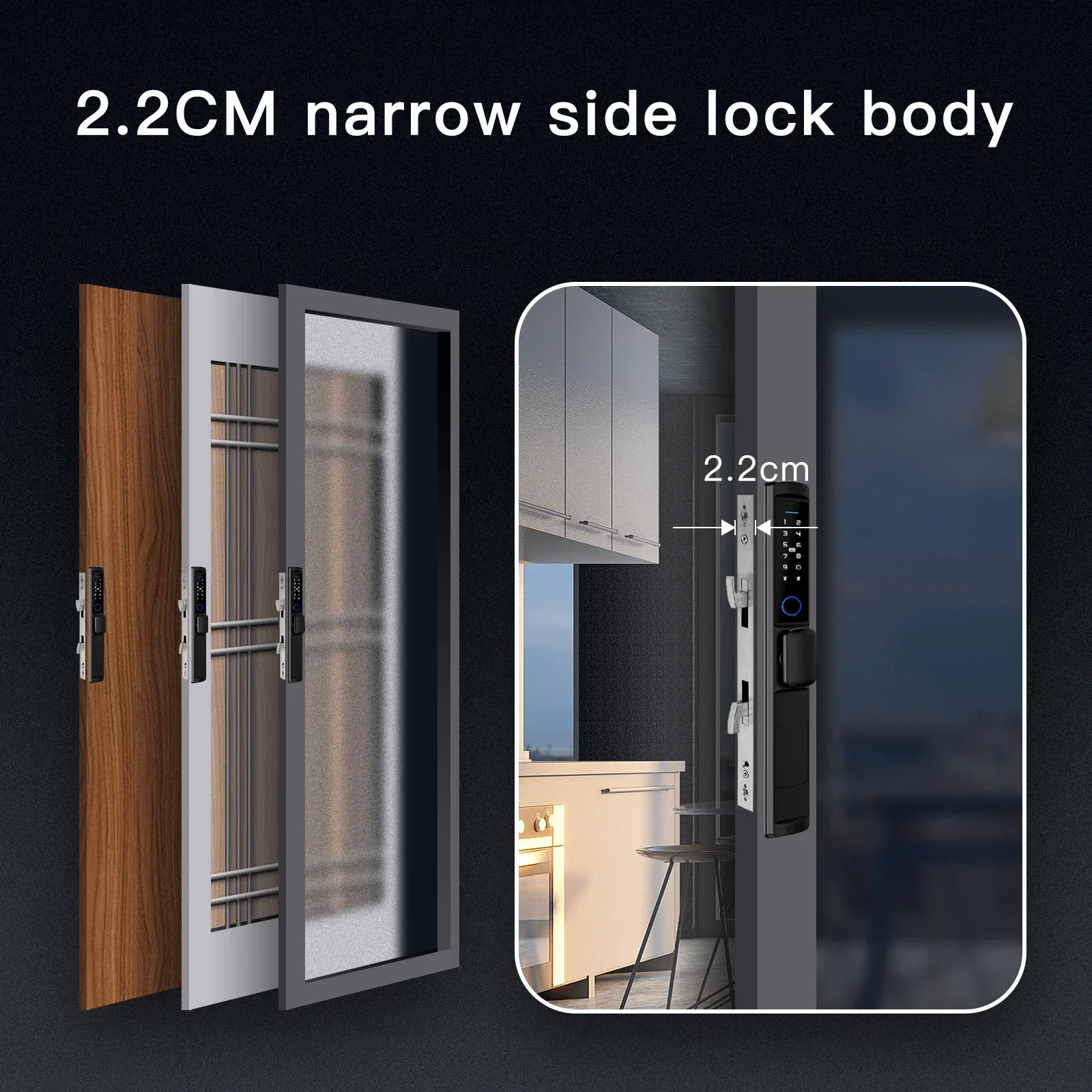 MOES WiFi Smart Narrow Side Fingerprint Coded Door Lock Remote Control Waterproof Short Handle for Slim Thin Frame Glass Sliding