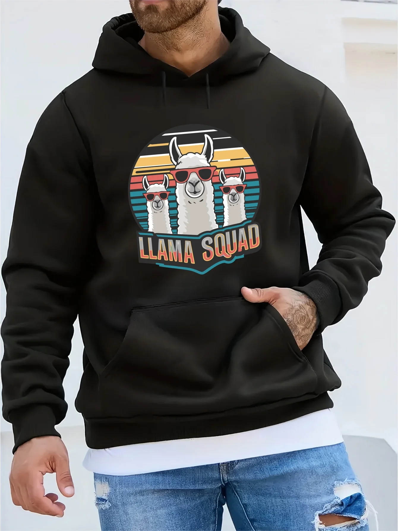 

Мужская толстовка с капюшоном Llama Squad — удобный пуловер с длинными рукавами на шнурке