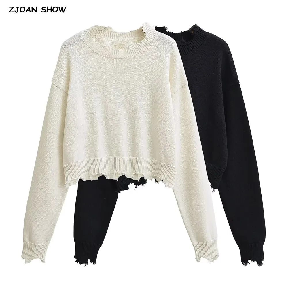 

2024 Autumn Y2K Tassel Hem Irregular Sweater Woman oversized Fringed O neck Loose Knitted Pullover Knitwear White Black
