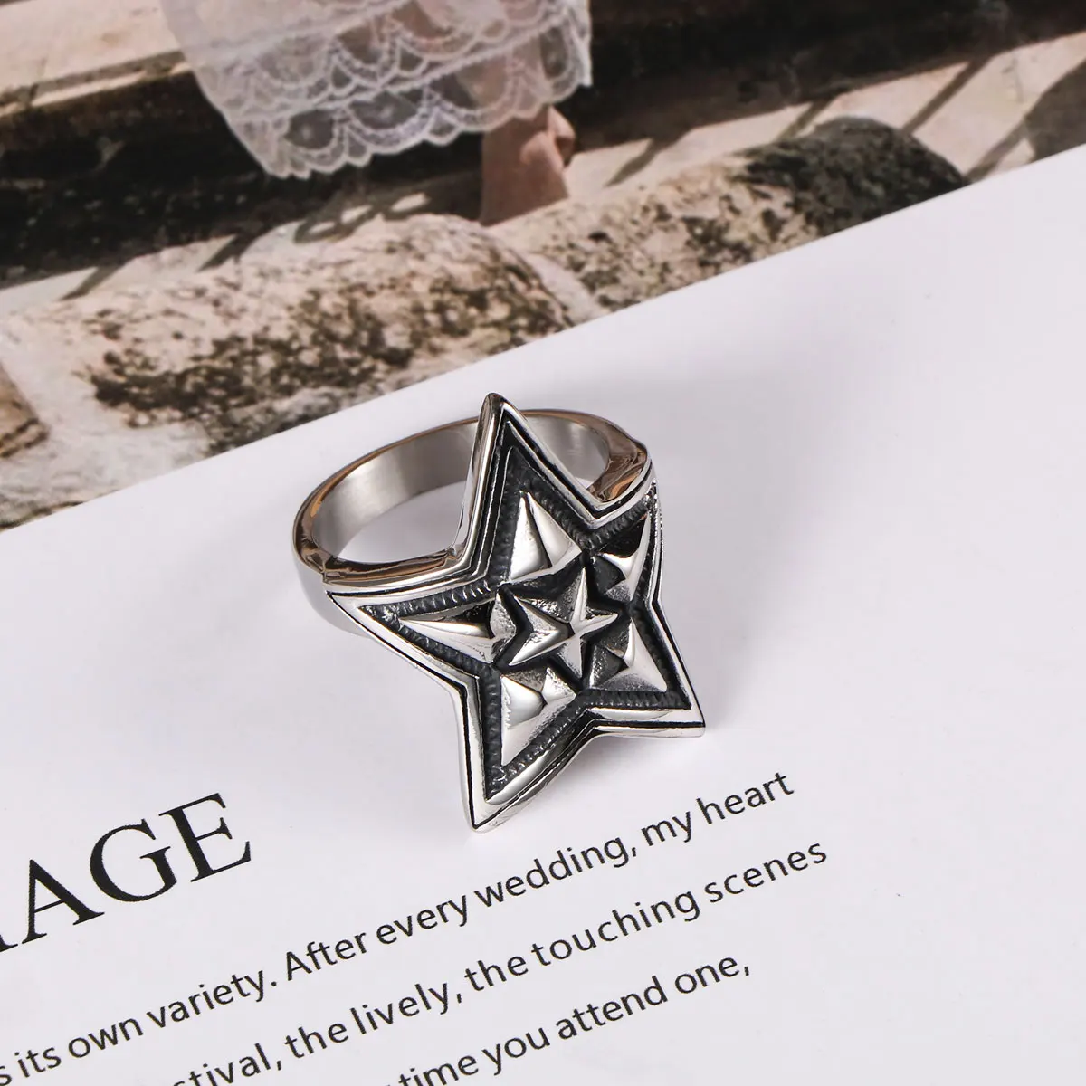 1Pcs Punk Retro Non-Fading Stainless Steel Ring Men's Trendy Five-Pointed Star Ring Rock and Roll Index Finger Ring