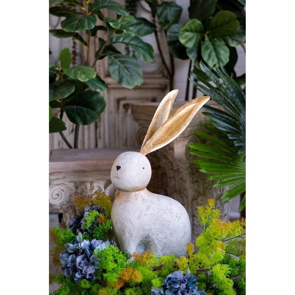 13.8x6.1x20.9 Inch White Magnesium Rabbit Figurine, Elegant Decor Bunny Statue with Shiny Gold Metal Iron Ears for Home Balcony Patio Garden Ornament