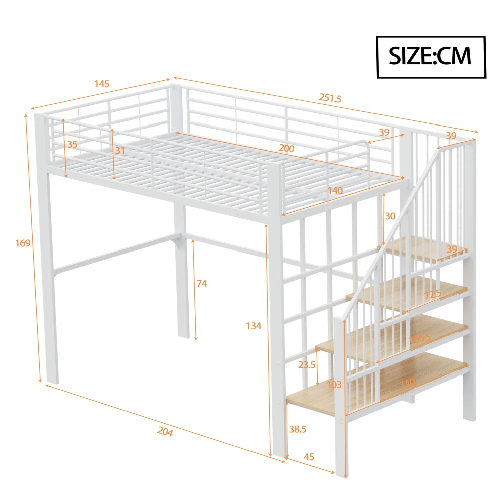 Stabiles Hochbett aus Metall, 90 x 200 cm/140 x 200 cm, mit geräumigem Stauraum unter dem Bett und Treppe für Kinder und Erwachsene, Bettgestelle und -gestelle – Detail 5