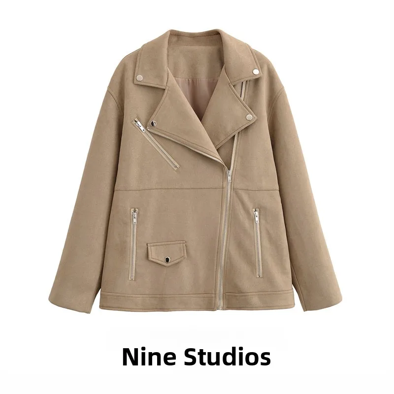 

NINE ZA Women's Biker Jaet Suede Velvet Zipper Collar Casual Top 30284 European Sle Summer Faion Ladies Outerwear