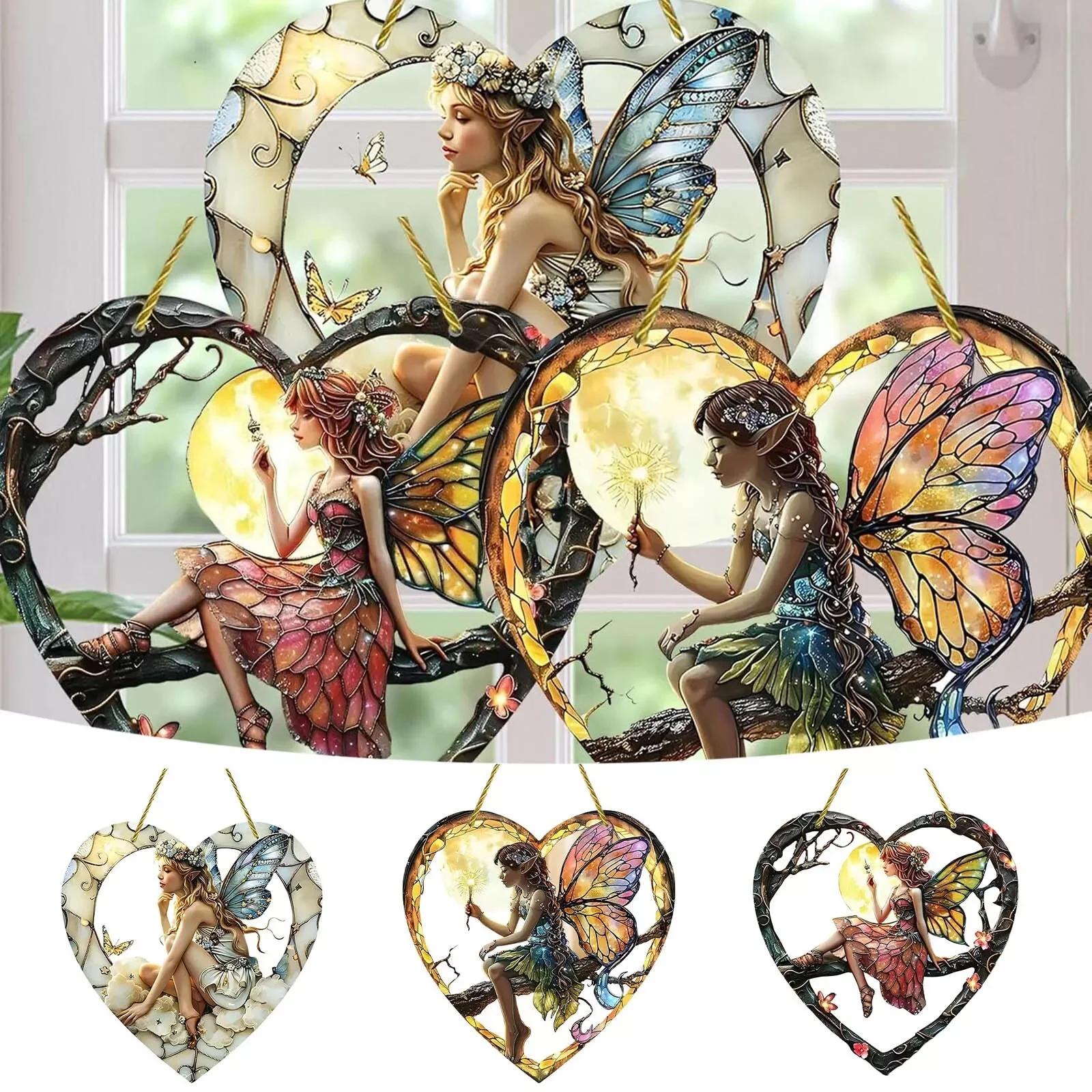 1Pcs Magical Fairy Magic Night Fairy Suncatcher Stained Glass Acrylic Heart Wall Hanging For Home And Garden Outdoor Decorative