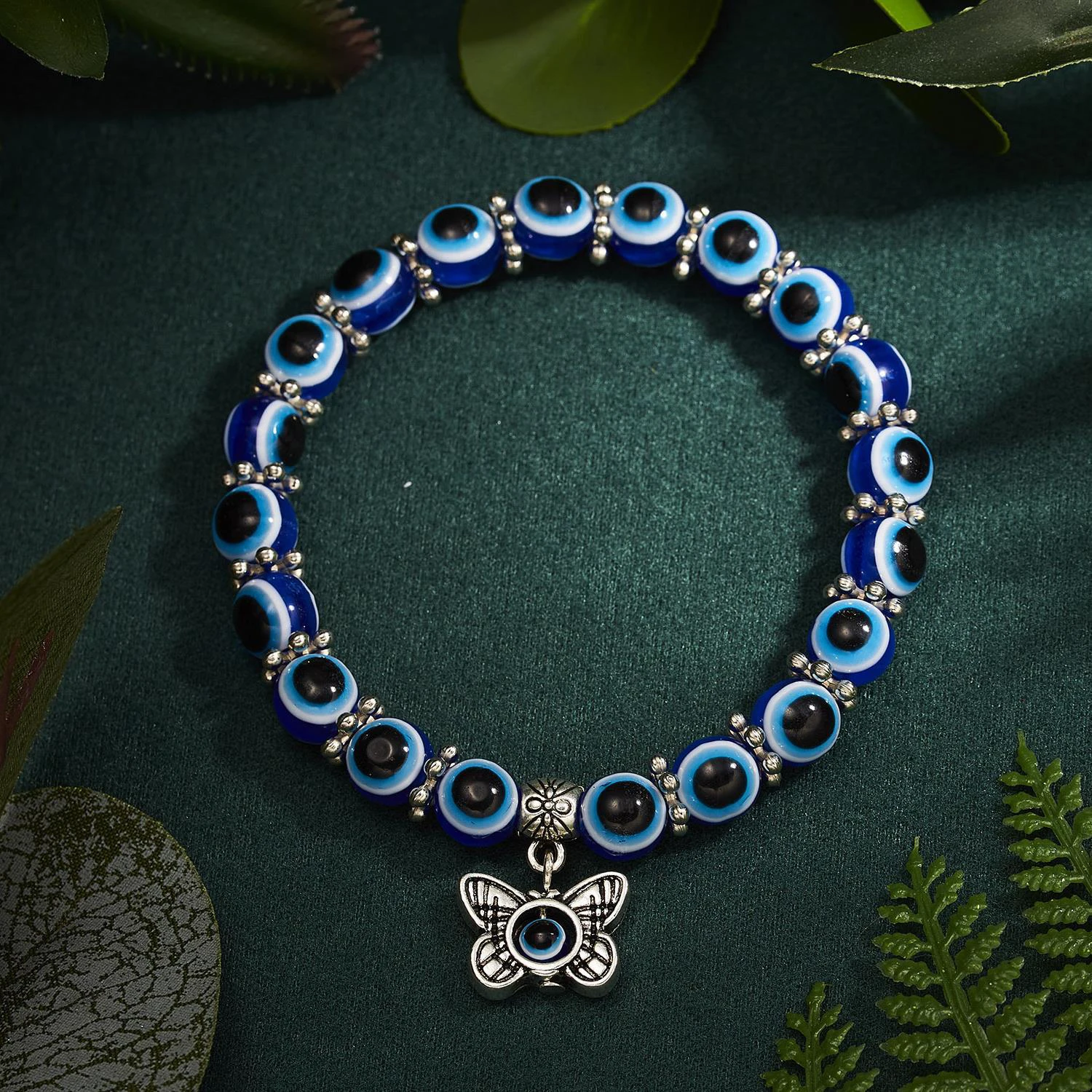 Classic Turkish Evil Eye Bracelet Blue Evil Eye for Men Women Palm Butterfly Pendant Beaded Bracelet Handcrafted Charm Jewelry
