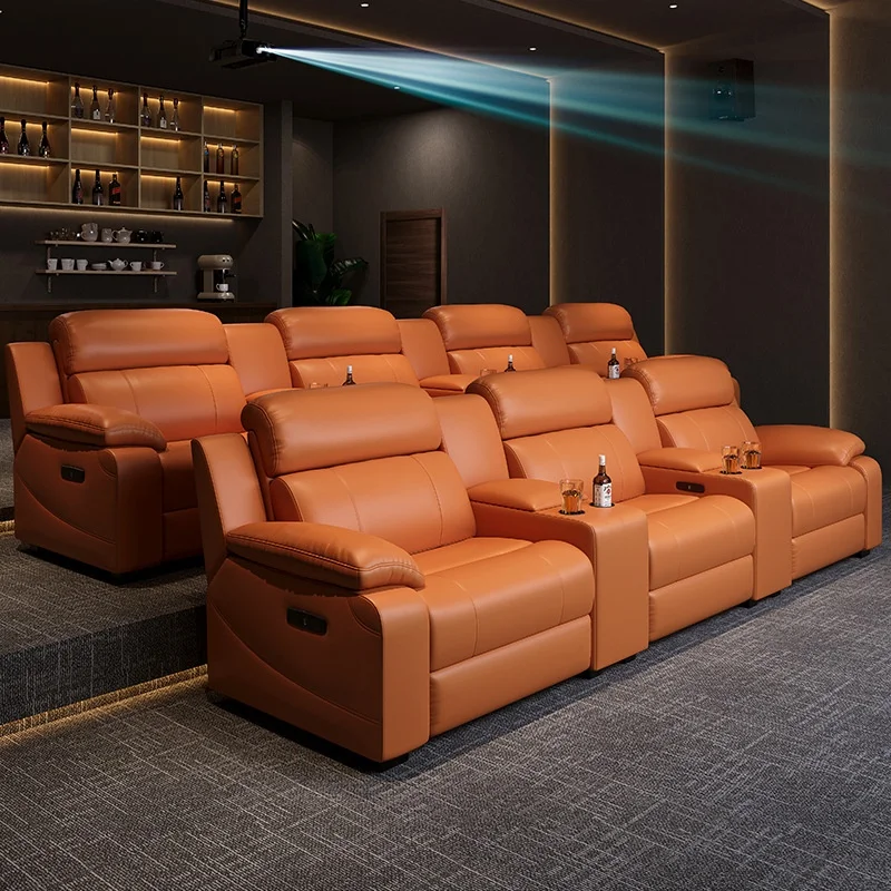 Leather Sofa First Layer Cowhide Wood Frame Electric Home Theater Cinema Modern Design Audio Visual Movie Theater Household