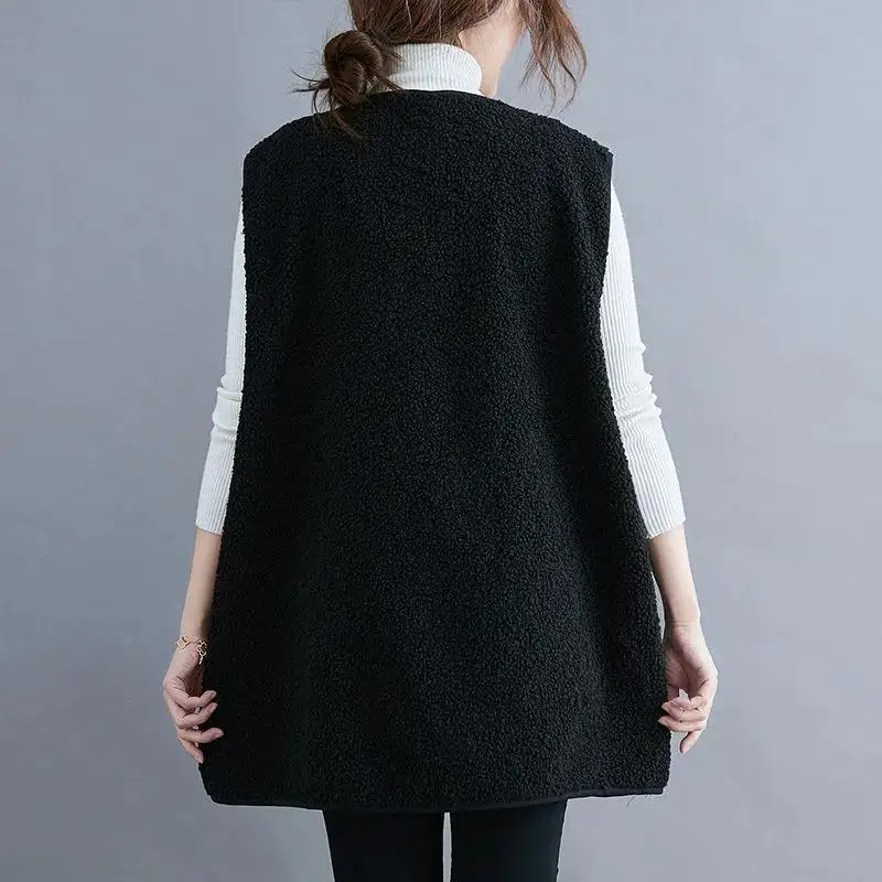 Big Size Lamb Wool Vest Women Sleeveless Jacket Single-breasted Pockets Warm Waistcoat High-end Outerwear Winter Clothes