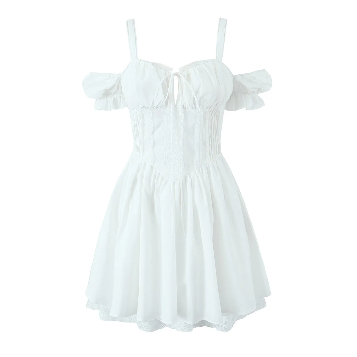 Mini Robe de princesse avec nœud froncé sur la poitrine, Style Corset, manches bouffantes, dentelle épissée, taille fine, ourlet à volants, gâteau, Mini Robe de soirée