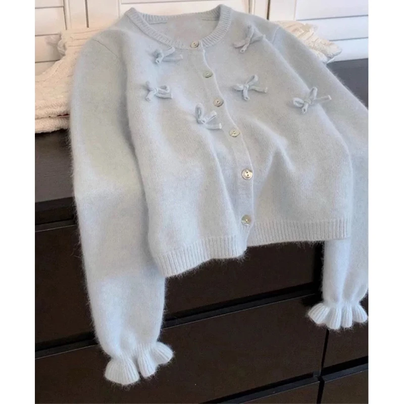 Sweet Cropped Knitted Cardigan Women Bow Sweater Outerwears Korean Fashion Long Sleeve Knitwear Winter Casual Jumpers Tops New