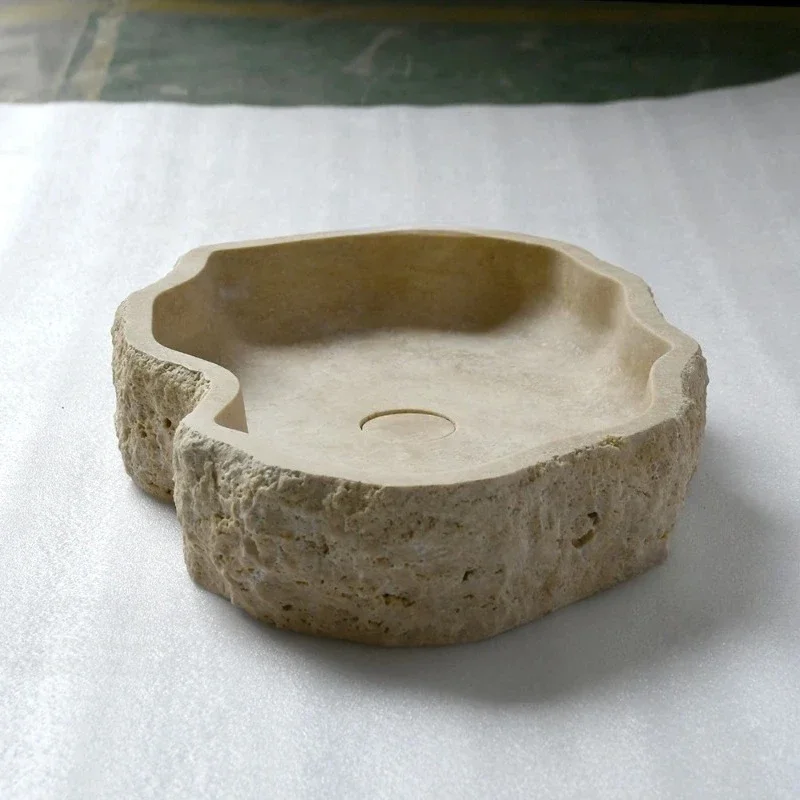 Modern style indoor/outdoor stone travertine sink irregular waveform easy to clean polished drain