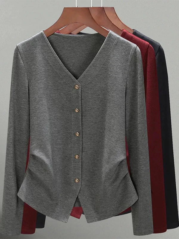 Nouveau haut décontracté polyvalent pour femme, coupe ample, long, à manches longues, col en V, asymétrique, tendance, amincissant, automne 2025