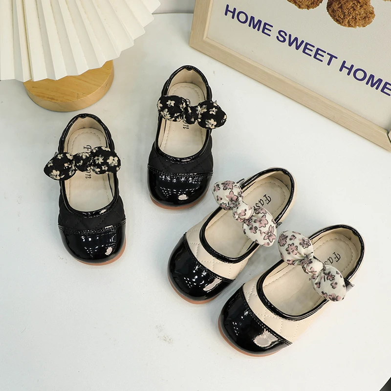 Princess Shoes for Little Girls Ribbon Bowknot Chic Children Mary Janes Black Beige Square Toe Elegant 23-34 Autumn Kids Flats