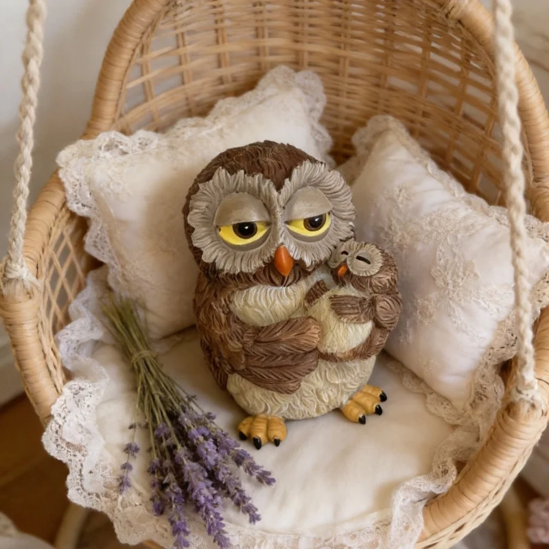 Owl Mother & Baby Statue, Resin, Brown & Beige, Cute Figurine for Home Decor