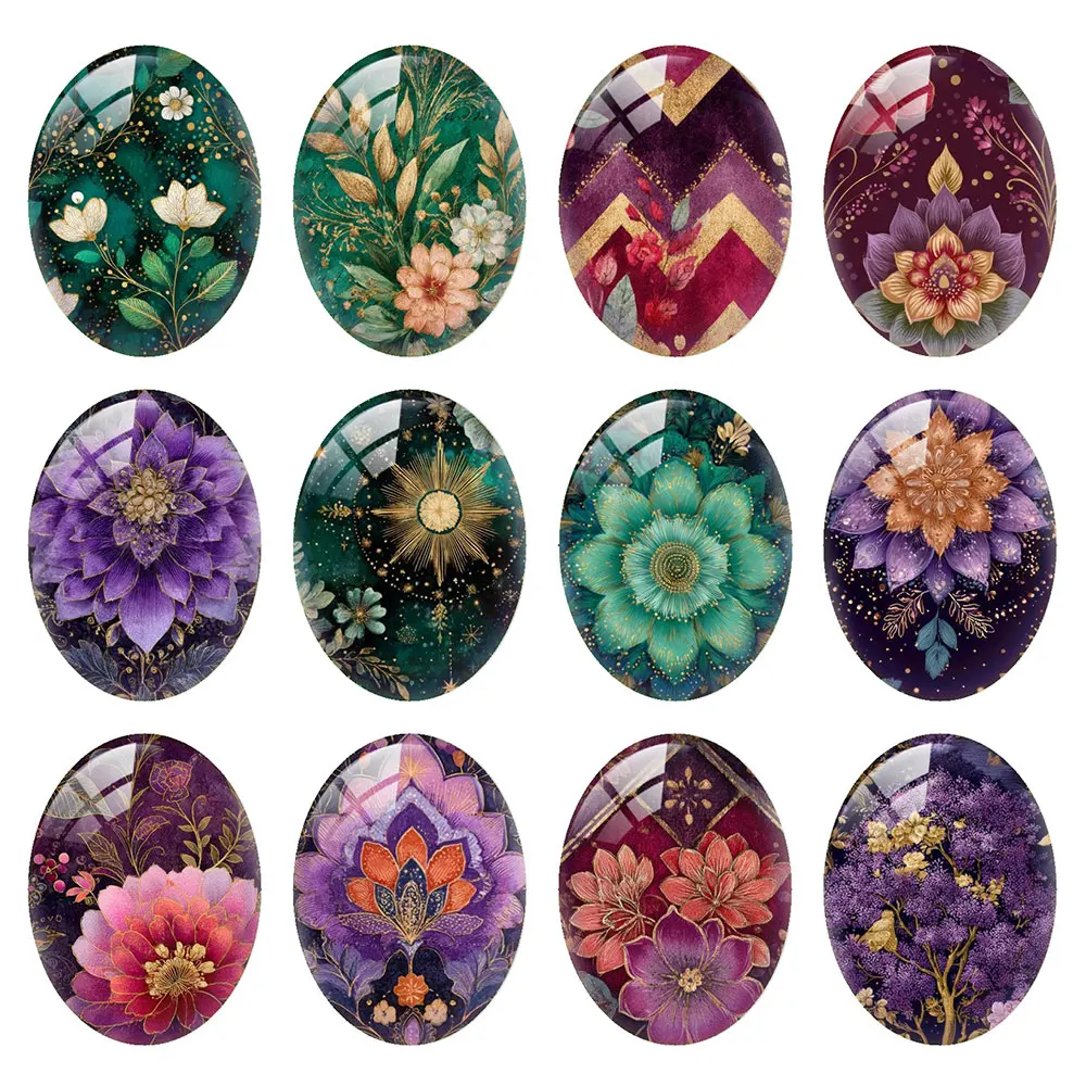Random Mixed Round/Oval/Square Vintage Green Purple Floral Flower Photo Glass Cabochon Flatback Demo Cameo Diy Jewelry Making