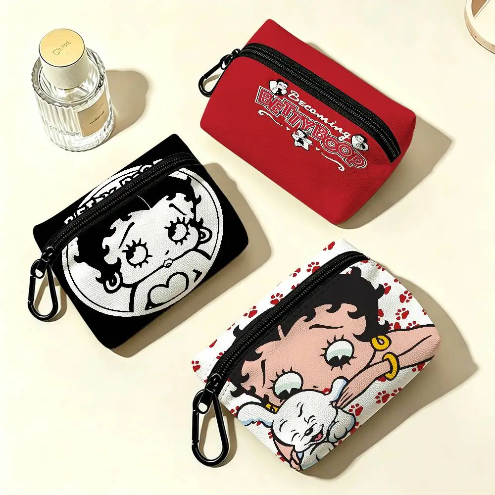 B-Betty Girl B-Boops White Oxford Cloth Zipper Coin Purse Lightweight Hanging Key Pouch Card Holder For Daily Use