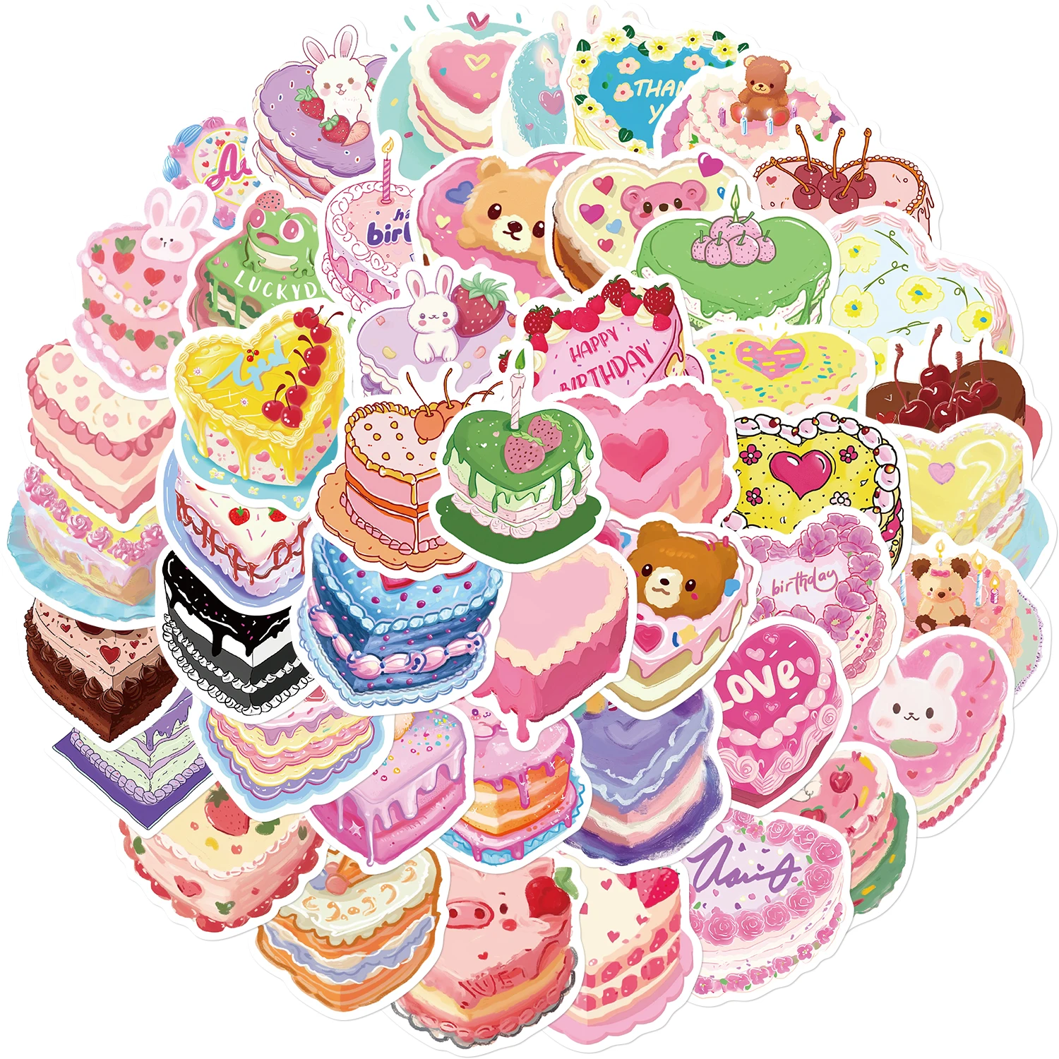 50PCS Kawaii Heart Shaped Birthday Cake Stickers Cute Decals Decoration DIY Skateboard Scrapbook Laptop Fridge Car Kids Toy 