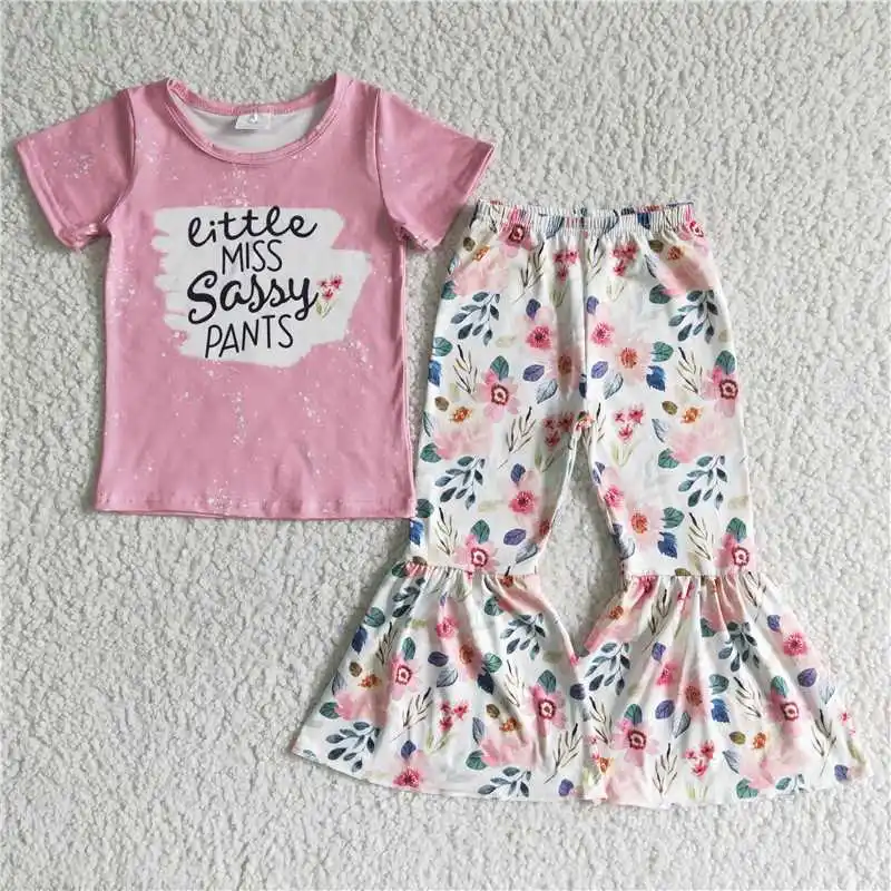 

RTS 2022 Toddlers Western Baby Girl Pink Miss Sassy Pants Sleeve Short Shirt Flowers Print Pants Bell Bottom Fashion Hot Sale