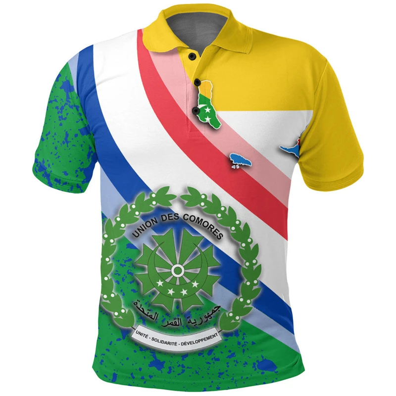 Comoros Flag Map 3D Print Polo Shirts For Men Clothes National Emblem POLO Shirt Africa Short Sleeve Male Jersey Casual Boy Tops