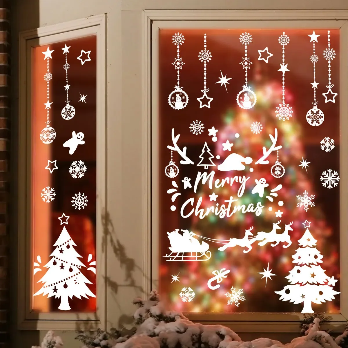 White Window Sticker Christmas Lights Pine Elk Sleigh Glass Sticker Decorative Double-sided Printing Static Window Sticker