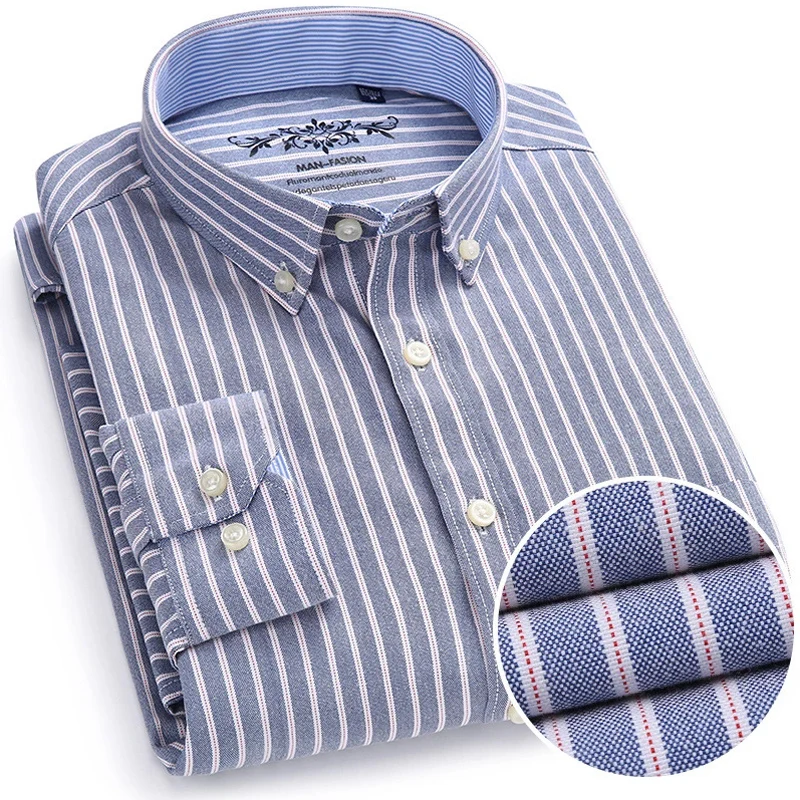 New Cotton Mens Striped Plaid Print Oxford Spinning Casual Long Sleeve Shirt Comfortable Collar Button Slim Male Business Shirts