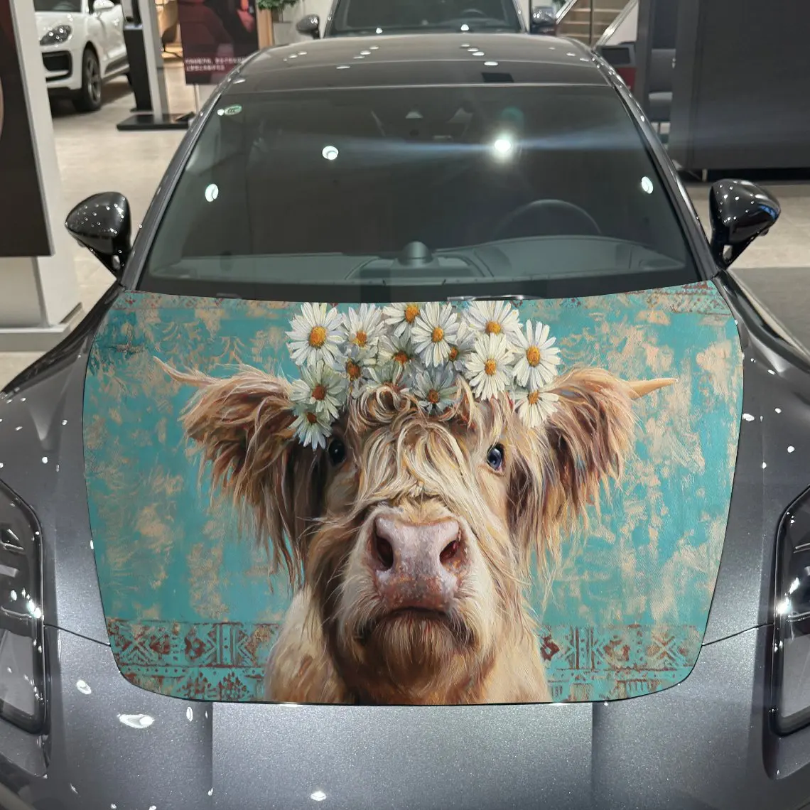 

Highland Cow with Daisy Crown Auto Cover Sticker, Waterproof and Self-adhesive Auto Hood Decal, Auto Vinyl Wraps, Cool Car Exter