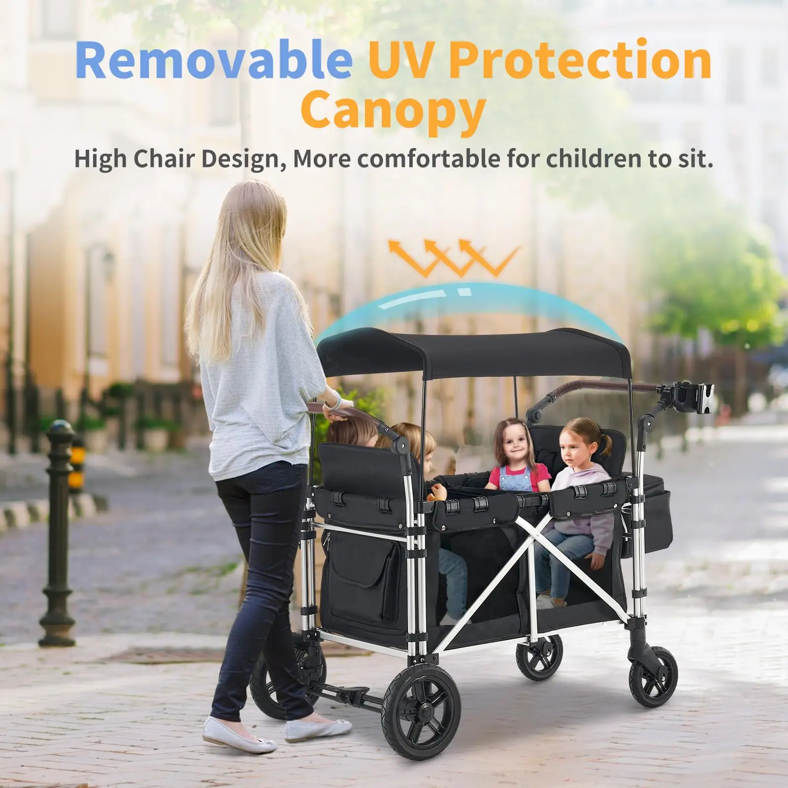 Stroller Wagon for 4 Kids Foldable Double Push Bar Wagon Cart Featuring 4 High Seat with 5-Point Harnesses and Adjustable Canopy