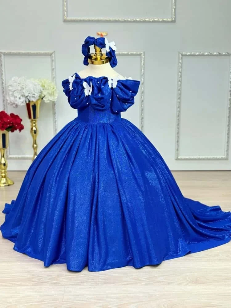Customized Flower Girl Dress for Wedding Royal Blue Off Shoulder Glitter Fabric Butterfly Decor Train Long Girls Pageant Dress