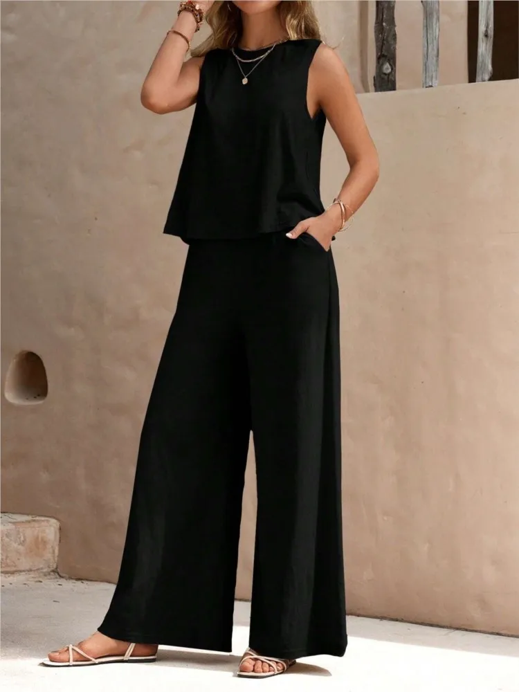 Summer Women Suit New Tank Top Loose Cargo Pants Two-piece Set Fashion Versatile Pullover O Neck Casual Black Suit For Women New