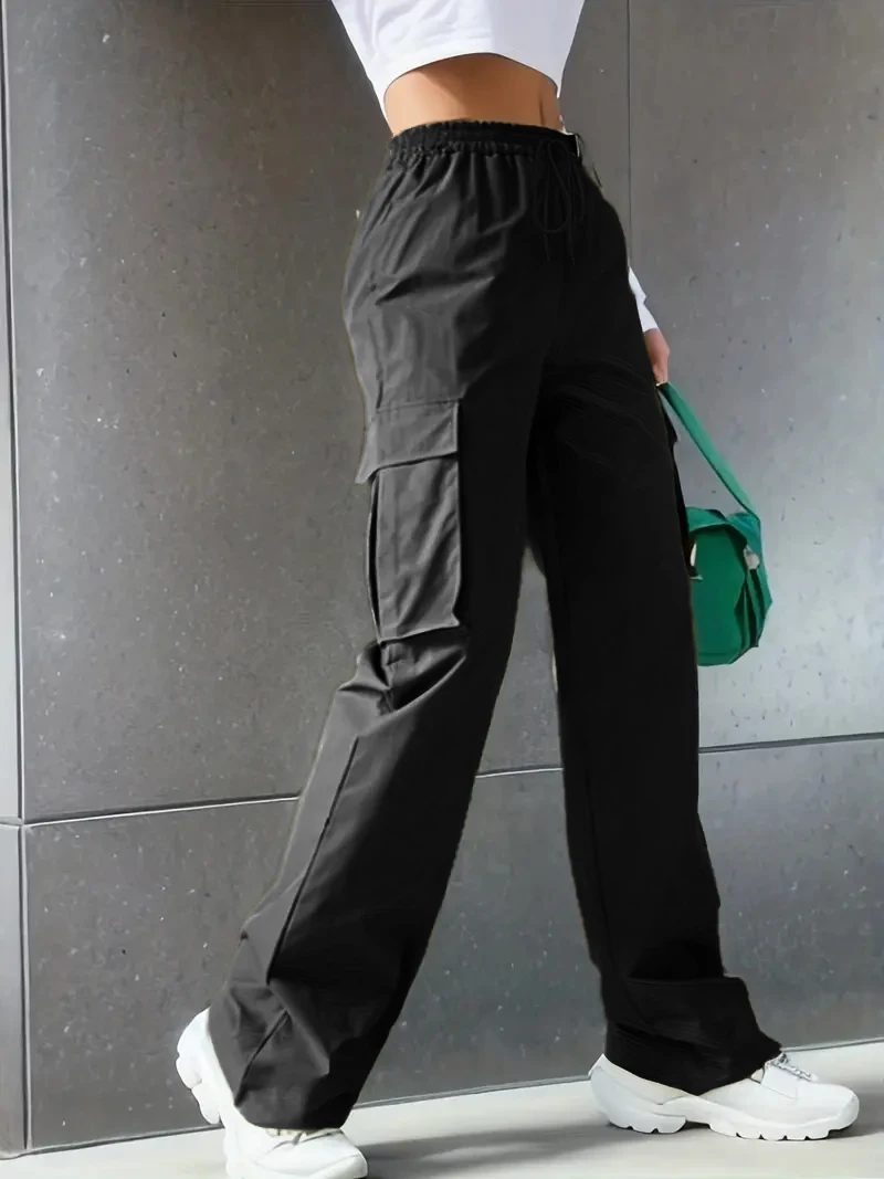 Pantalones de pierna ancha de cintura alta para mujer, múltiples bolsillos, ropa informal y atlética