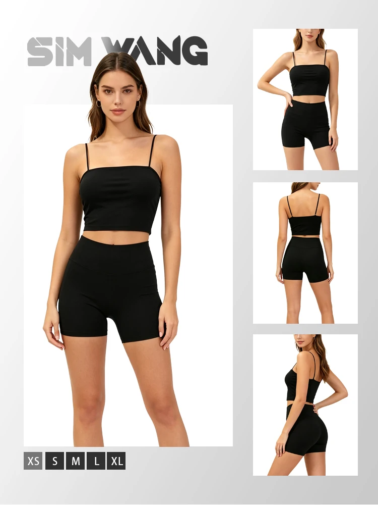 Black thin shoulder strap short-sleeved camisole for women with elastic base and small suspender attached underneath