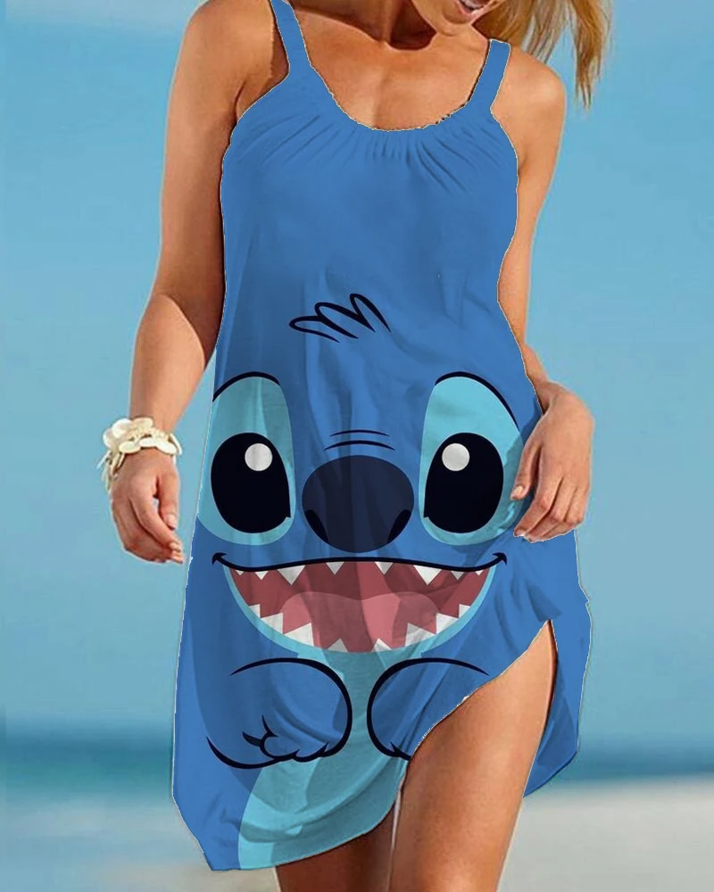 

Disney Stitch Casual Sweet Spaghetti Strap Dress 2022 New Ladies O Neck Knee Length Big Swing Beach Dress Loose Dresses Women