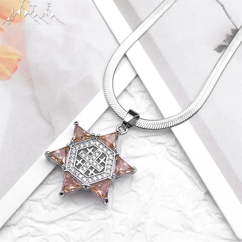 Jerusalem Crusader Cross Magen Star of David Necklace for Women Men Zircon Stainless Steel Hexagram Necklaces Jewelry NTPS05