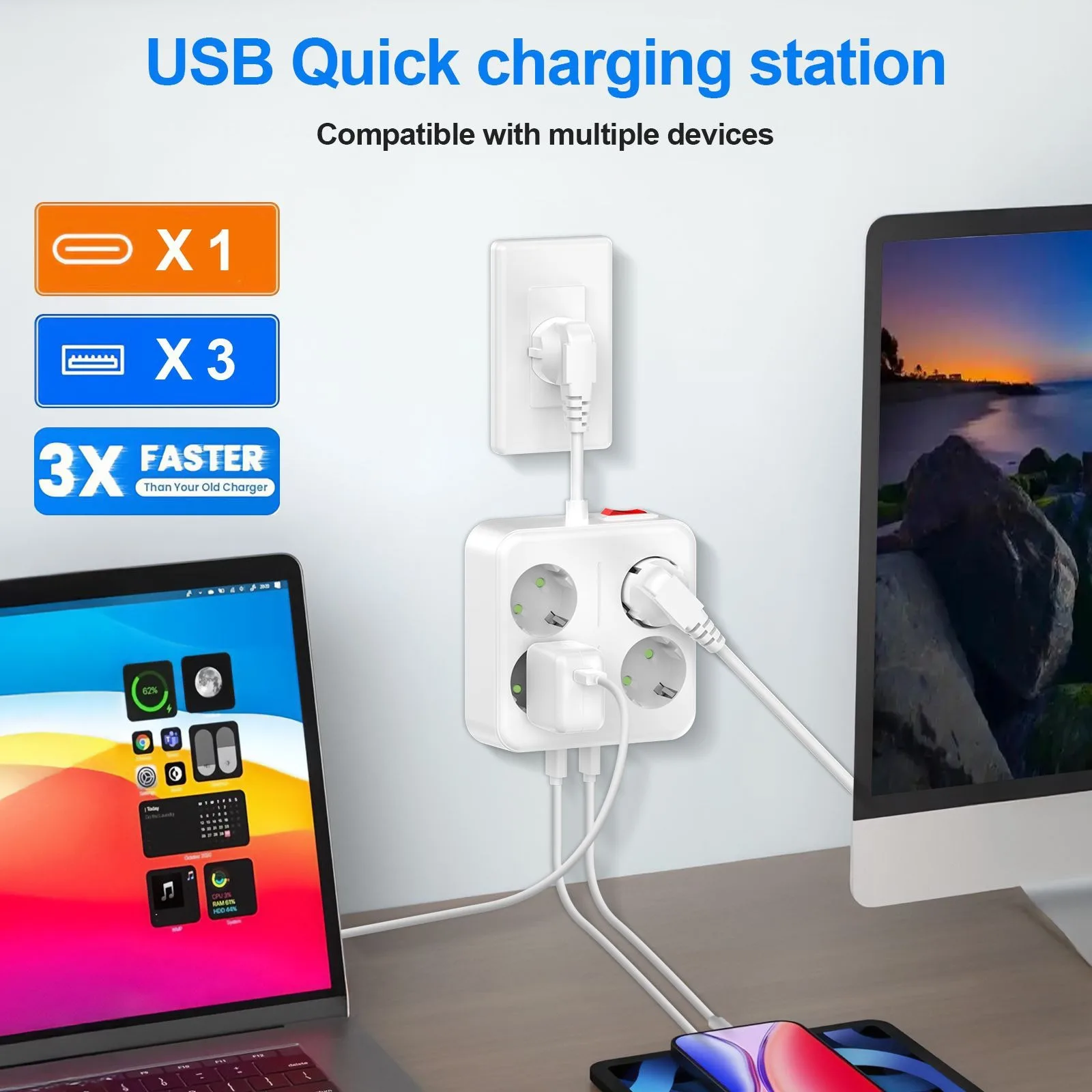 Extension socket,4 AC Outlets 3 USB 1 Type-C, With SwitchStandard Grounding, Multi-pulg,15CM Extension  Cord