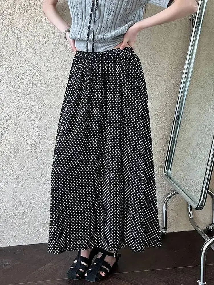 

High Elastic Waist Black Dot Printed Casual Long A-line Half-body Skirt Women Fashion Tide New Spring Autumn