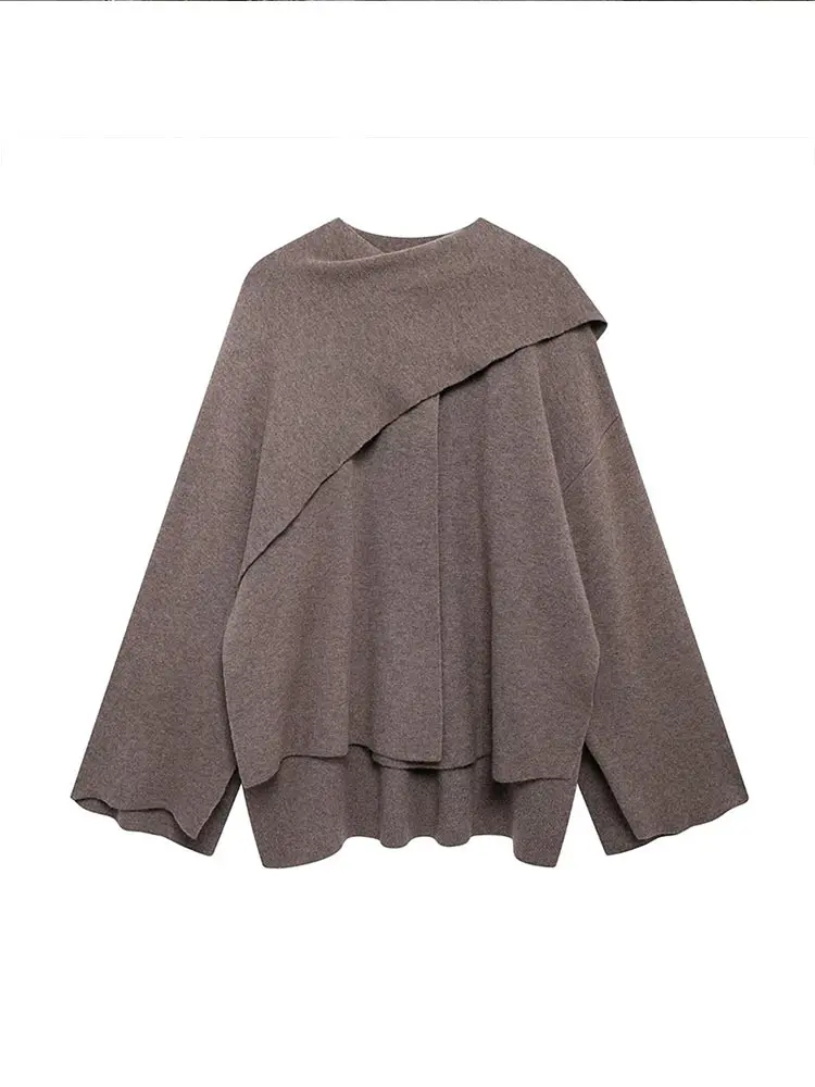 Fashion Woman Scarf Shawl Collar Long Sleeve Loose Coat Versatile Solid Color Casual Pullover 2024 New Fall Street Outerwear