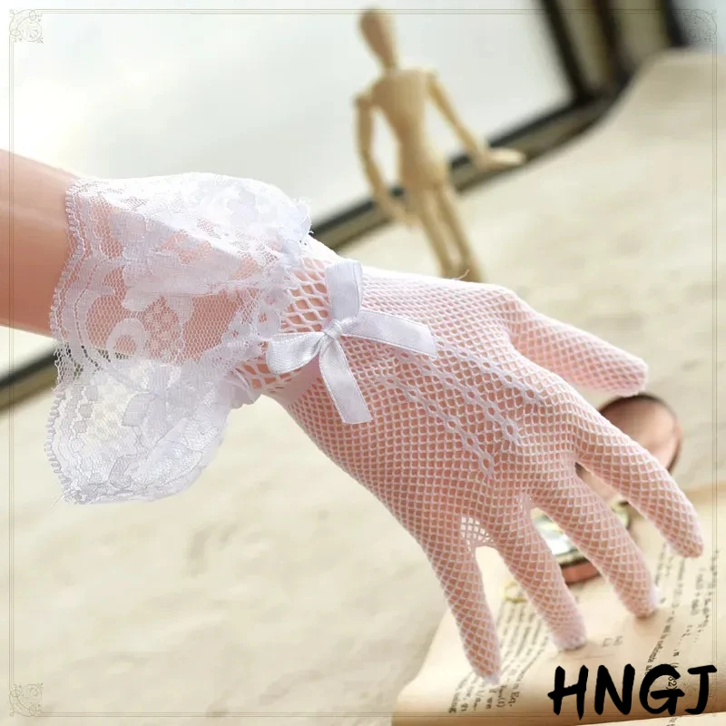 2026 Lolita Lace Hollow Out Gloves Women Ceremony Etiquette Mesh Thin Mittens Gothic Punk Sexy Glove Black White Soft Elastic