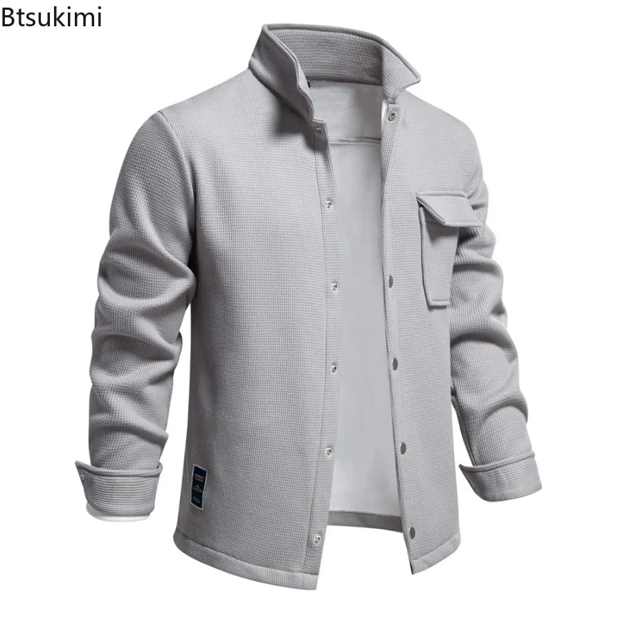 Autumn Winter Mens Waffle Fleece Lined Thick Warm Jacket Lapel Collar Cardigan Jacket Coat Solid Color with Pockets Jacket Tops