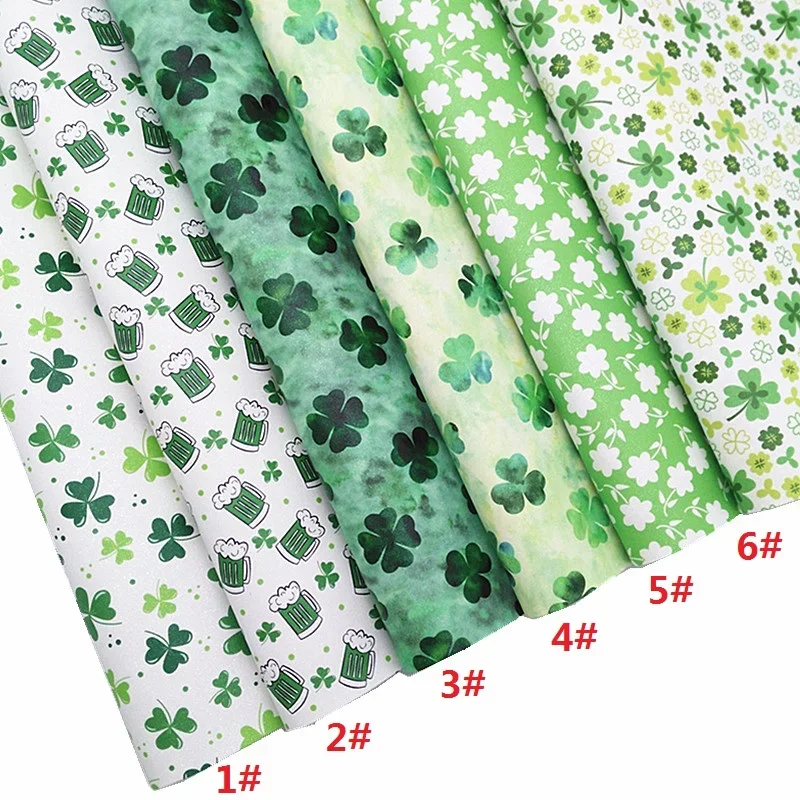 Mini Roll 30X134CM St. Patrick's Day Shamrock Printed Synthetic Leather Felt Back Glitter Suede Faux Leather For Bows MB1008