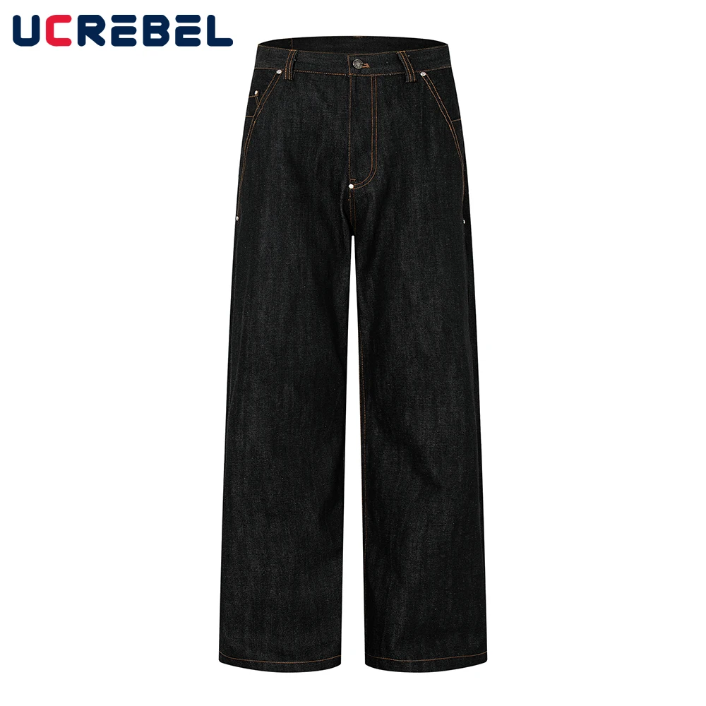 

Topstitch Raw Jeans Mens Pocket Retro High Street Straight Wide Leg Baggy Denim Pants Man