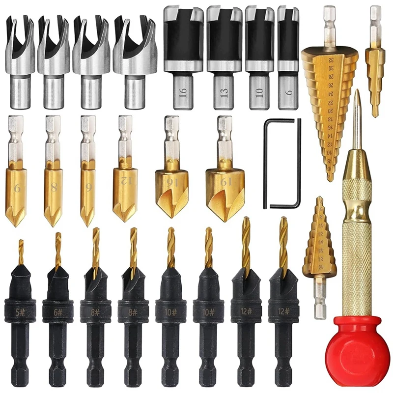 

28 Pcs Woodworking Chamfer Drilling Tools Including Countersink Bit Wood Plug Cutter Drill Bit Set Steel