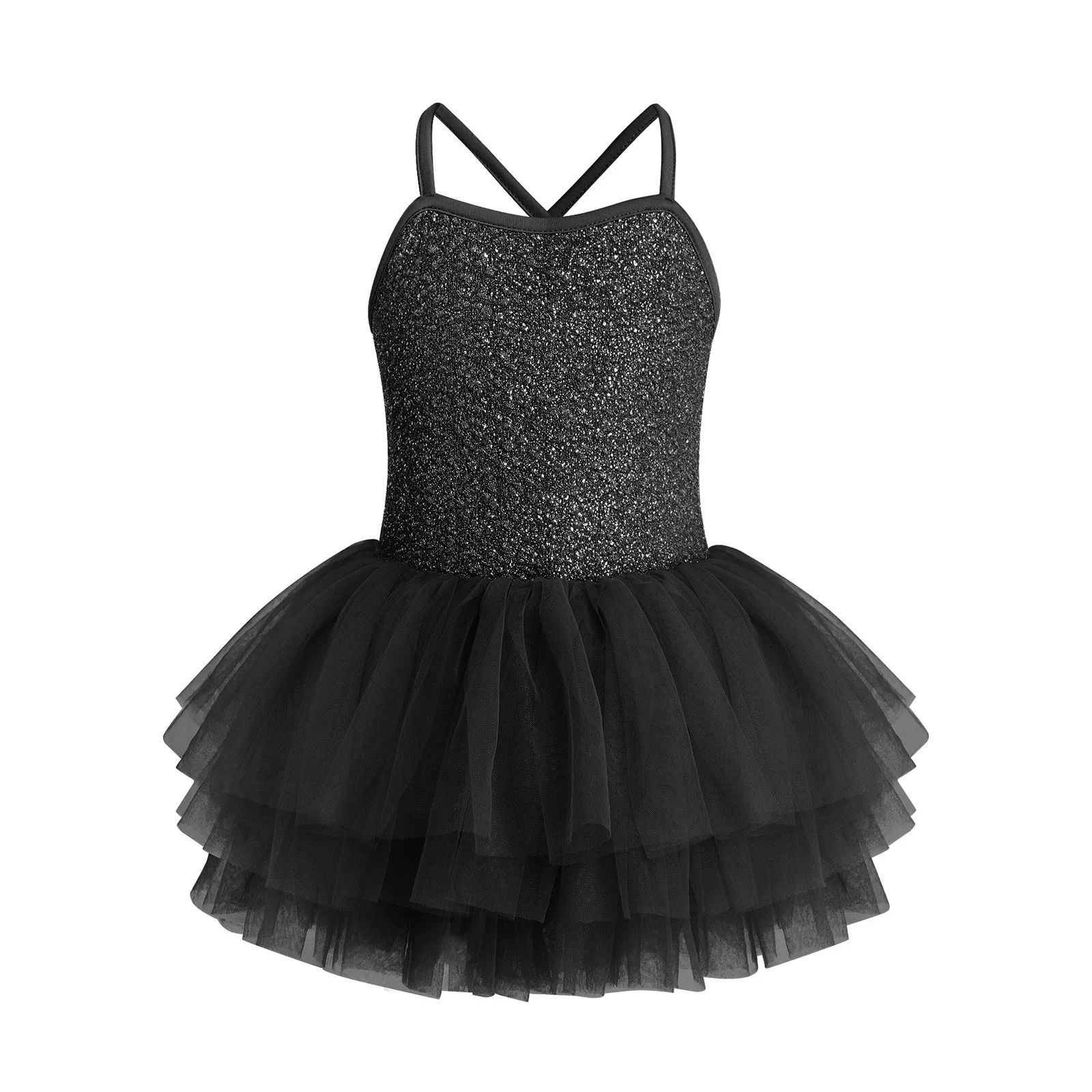 

Girls Competition Ballet Dance Dress Sequin Layered Tulle Tutu Dresses with Built In Briefs for Ballet Latin Dance Performance