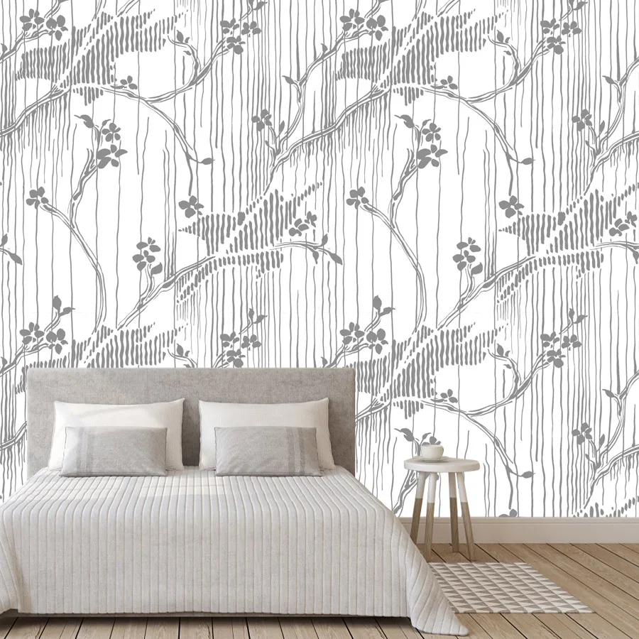 15+ Botanical Grey Line Floral Branch Nature Mural Decor, Self Adhesive Optional, Wallpapers for Living Room TV Walls Renovation