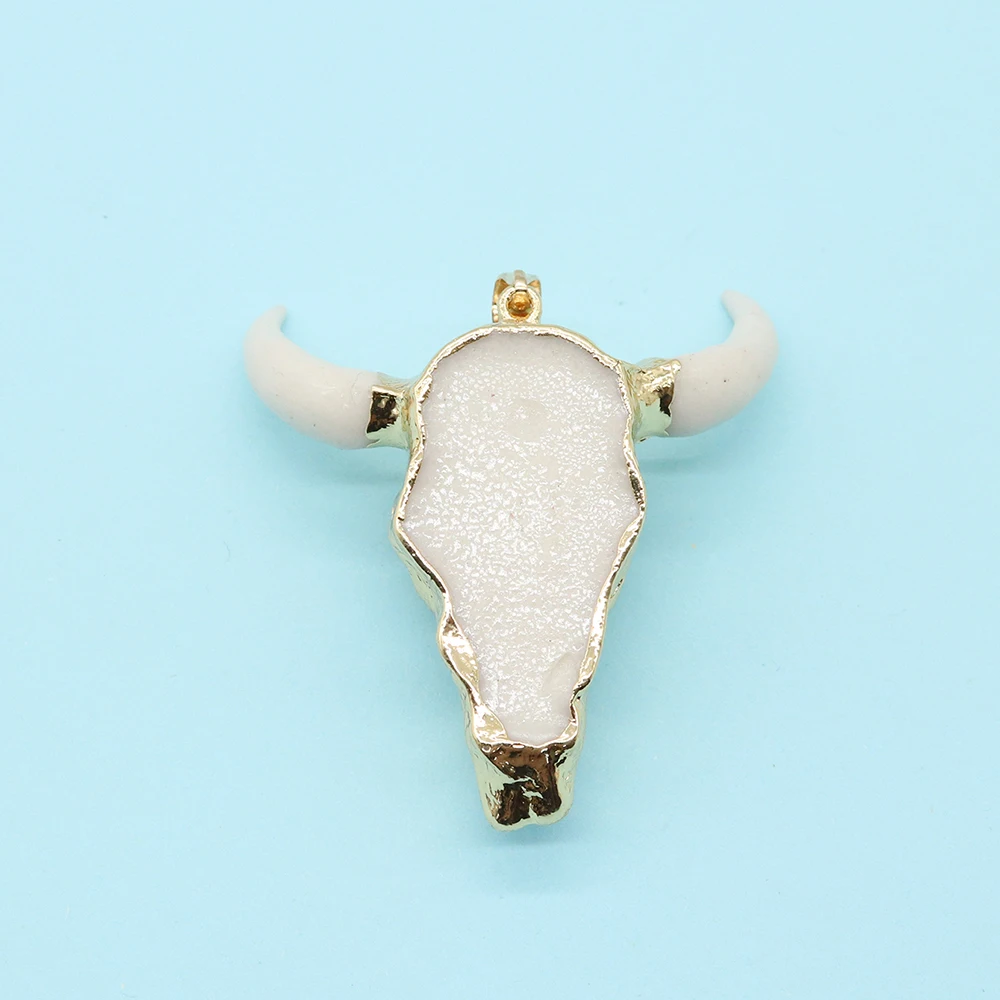 Natural Stone Resin Necklace Pendants for Jewelry Making Charms DIY Accessories Coffee Colour White Bull Head Bull Horns Pendant