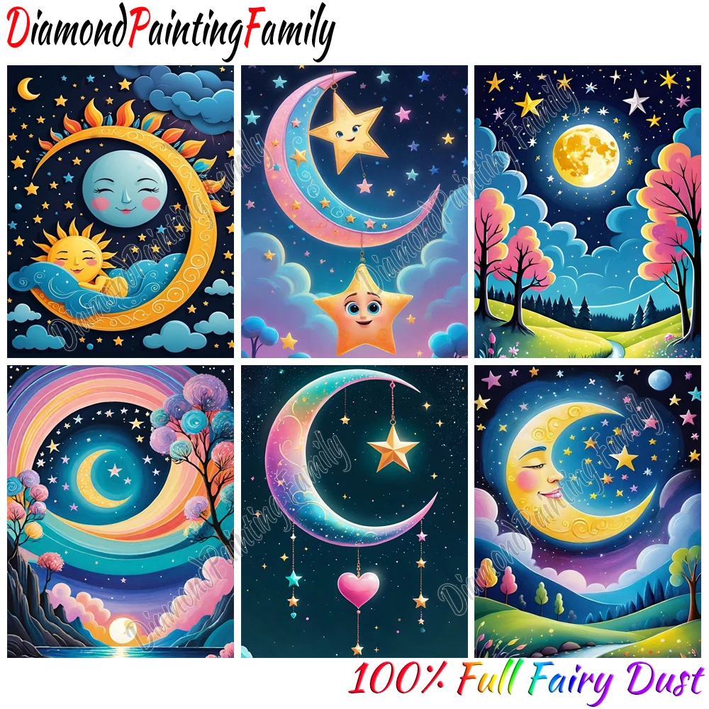 

Алмазная картина Семья 5D Полная Фея Пыль Кристалл Смола Алмазная точка Искусство Цвет Луна AB Дрель Набор для вышивания Мозаика Набор для рисования