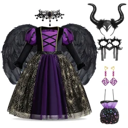 Halloween Maleficent Costume Cosplay per ragazza bambini vestito da strega bambini eleganti abiti in rete viola e nera abiti di carnevale