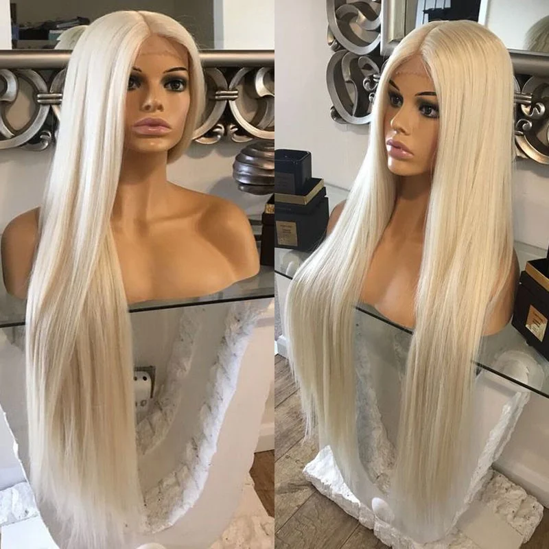 Long Straight Heat Resistant Hair Frontal Lace Wigs Bleach blonde