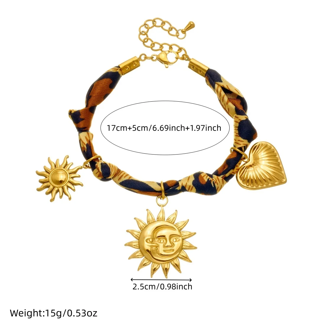 Stainless Steel Golden Sun Moon Heart Brown Maillard Ribbon Bracelet Lady New Fashion Classic Wrist Chain Jewelry