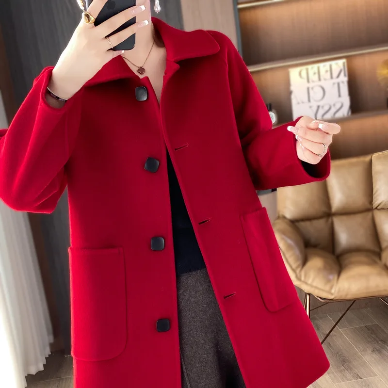 

Double-Sided Wool Coat Women Autumn Winter New Doll Collar Long Woolen Jacket Mom Female Loose Overcoat Casaco Feminino