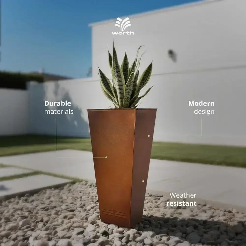 28 Tall Large Tapered Steel Planter with Drain Holes and Air Vents, Suitable for Indoor and Outdoor Use, Bronze